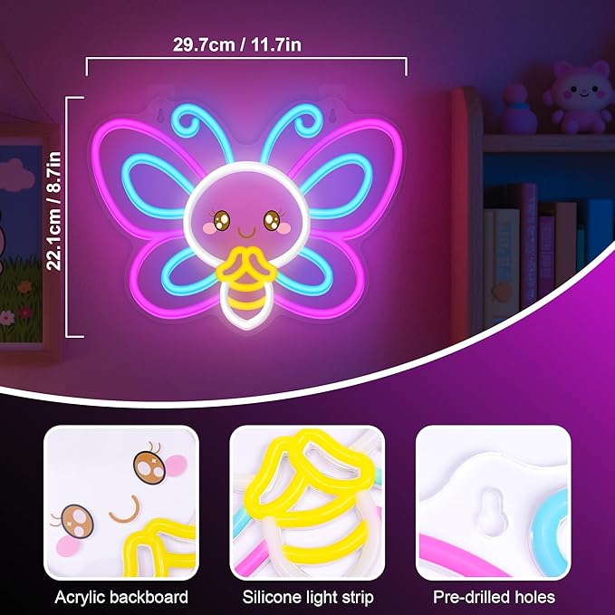 OkiyiD Butterfly Neon Sign – Cute Aesthetic Wall Decor for Girls Room Bedroom Vanity, USB Powered LED Light with Hanging Kit, Dimmable Night Light, Unique Gift for Her