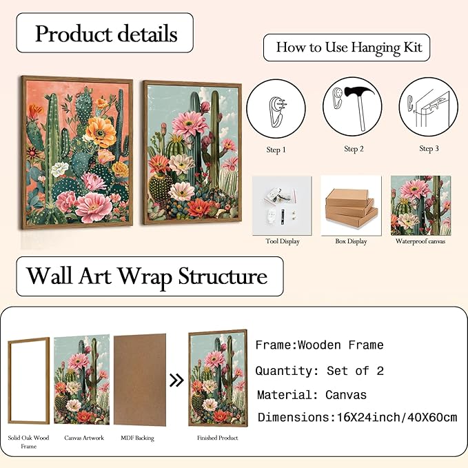 Framed Mexican Cactus Canvas Wall Art Set of 2, Vintage Desert Floral Wall Decor Paintings, Southwestern Boho Botanical Pictures Prints Aesthetic Home Decor for Living Room Bedroom Bathroom 16x24 inch