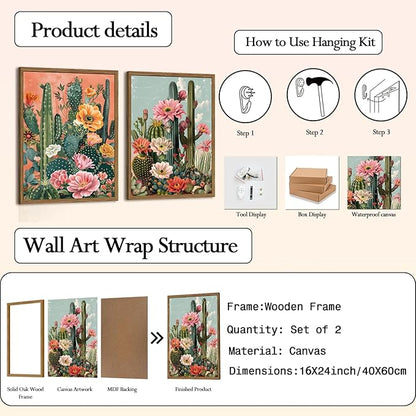 Framed Mexican Cactus Canvas Wall Art Set of 2, Vintage Desert Floral Wall Decor Paintings, Southwestern Boho Botanical Pictures Prints Aesthetic Home Decor for Living Room Bedroom Bathroom 16x24 inch