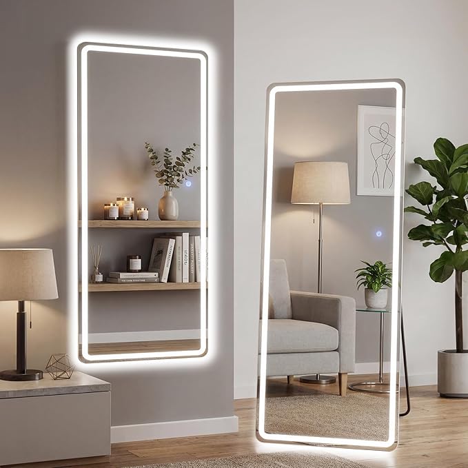21"×64" LED Full Length Mirror with Stand, Full Body Wall-Mount Mirror with LED Lights 3 Color Lighting, Hanging or Leaning, Floor Standing, Modern Simple Home Wall Decor