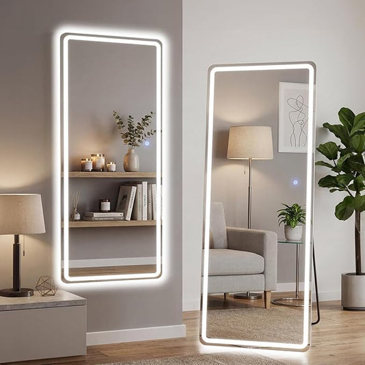 21"×64" LED Full Length Mirror with Stand, Full Body Wall-Mount Mirror with LED Lights 3 Color Lighting, Hanging or Leaning, Floor Standing, Modern Simple Home Wall Decor