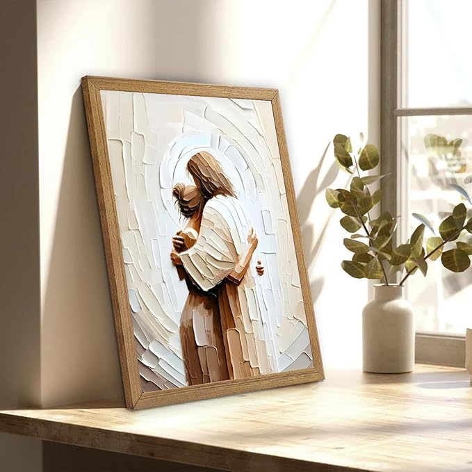Framed Jesus Hugging Woman Canvas Wall Art God & Girl Wall Decor Safe in His Arms Pictures Modern Christian Healing Embrace Mormon Prints Posters Artwork for Living & Prayer Room Bedroom Decor 8x10in