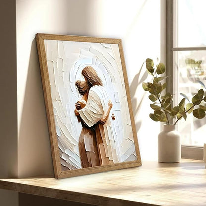 Framed Jesus Hugging Woman Canvas Wall Art God & Girl Wall Decor Safe in His Arms Pictures Modern Christian Healing Embrace Mormon Prints Posters Artwork for Living & Prayer Room Bedroom Decor 24x36in