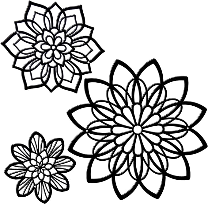 Zzbakress 3 Pieces Metal Flowers Wall Decor, Black Wall Decors, Flower Art Wall Decor Farmhouse Wall Decoration Multiple Flowers Hanging Decor for Bathroom Living Room Garden Office (Black Elegant)