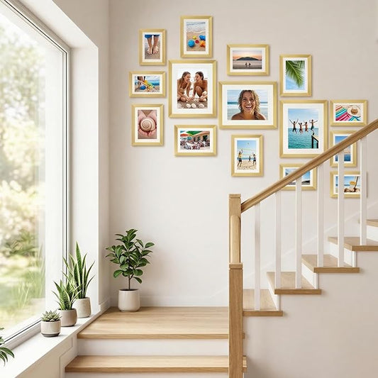 Fixwal Picture Frames Set, Gallery Wall Frame Set Picture Frames Collage 15 Pack for Wall or Tabletop with 8x10 5x7 4x6 Frames, Gold