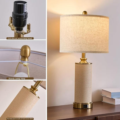 25.5"Boho Weaving Gold Large Table Lamps set of 2, Touch Control 3-Way Dimmable Farmhouse Bedside Lamps with Beige Lamp Shades & USB A+C Charging Ports for Living Room/Bedroom (2 LED Bulbs Included)