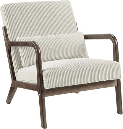 Garvee Mid-Century Modern Accent Chair, Wide-Wale Corduroy Upholstery, Solid Wood Armchair with Removable Lumbar Pillow, Sturdy Reading Chair for Living Room, Bedroom, Guest Room, Easy Assembly, Beige