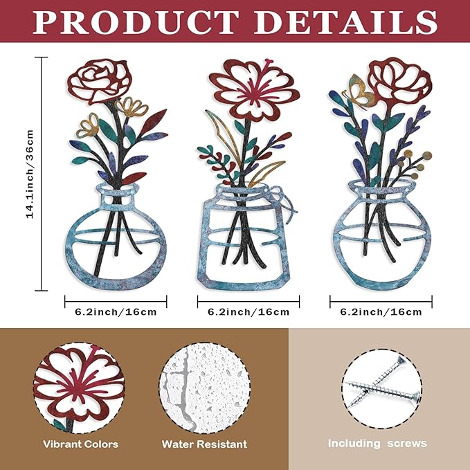 ARTINME 3 Pieces Metal Flowers Wall Arts - Rustic Farmhouse Decor Minimalist Flower Wall Decors for Living Room Bathroom Kitchen Bedroom Dining Room - Housewarming Gifts (Blue)