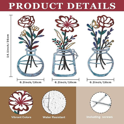 ARTINME 3 Pieces Metal Flowers Wall Arts - Rustic Farmhouse Decor Minimalist Flower Wall Decors for Living Room Bathroom Kitchen Bedroom Dining Room - Housewarming Gifts (Blue)