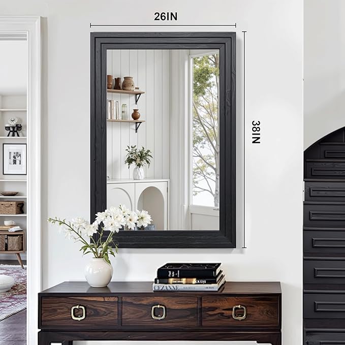 Wood Framed Mirrors for Wall, Black Bathroom Vanity Mirror for Over Sink 26 x 38, Vintage Wall Mirror for Bathroom Sink Hallway Entryway Bedroom Living Room Farmhouse Boho Style