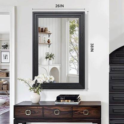 Wood Framed Mirrors for Wall, Black Bathroom Vanity Mirror for Over Sink 26 x 38, Vintage Wall Mirror for Bathroom Sink Hallway Entryway Bedroom Living Room Farmhouse Boho Style