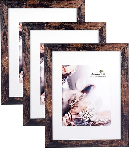 brown 11x14 Picture Frame set of 3,Display 11x14 without Mat or 8x10 with Mat，Wall Gallery Photo Frames