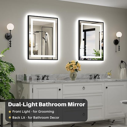 24x32 Inch LED Bathroom Mirror with Black Frame, Backlit & Front Lit, Anti-Fog Lighted Bathroom Vanity Mirror for Wall, Memory Function, Dimmable, HD Tempered Glass, Shatter-Proof
