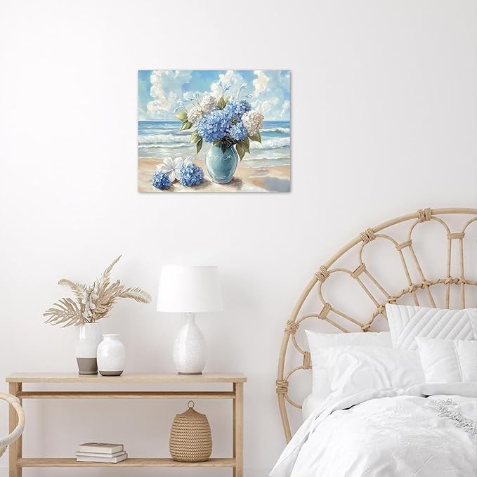 LB Blue Hydrangea Beach Wall Art Blue and White Floral Coastal Ocean Canvas Wall Art Modern Aesthetic Pictures Wall Decor for Bedroom Bathroom Living Room Framed Ready to Hang 12L x 16W