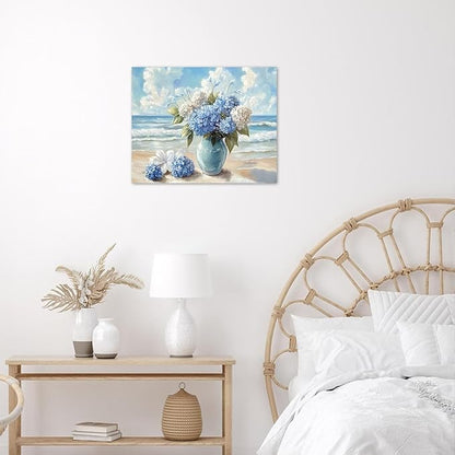 LB Blue Hydrangea Beach Wall Art Blue and White Floral Coastal Ocean Canvas Wall Art Modern Aesthetic Pictures Wall Decor for Bedroom Bathroom Living Room Framed Ready to Hang 12L x 16W