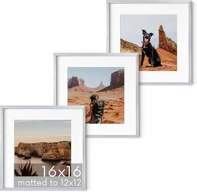 HAUS AND HUES 16x16 Silver Metal Picture Frames Matted to 12x12 - Features Premium Aluminum & Hanging Hardware, Shatterproof Plexiglass - Ideal for Home, Room, Office (16x16 in, Silver, Set of 3)