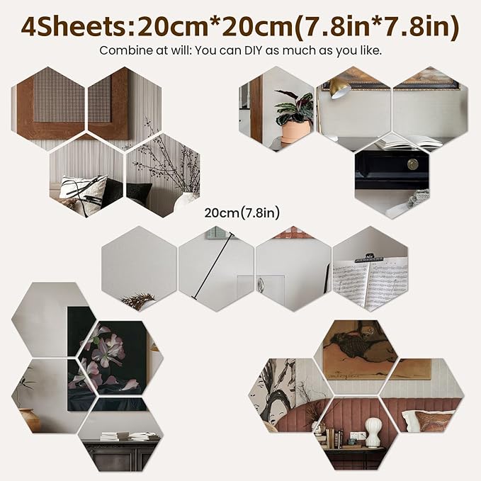 Hexagon Mirror Stickers for Walls 4 Packs 7.8''x7.8'' Self Adhesive Flexible Acrylic Wall Tile Decorative Peel and Stick Mirror Tiles Sheets Small 2mm Unbreakable Thick Stick on Mirrors for Door