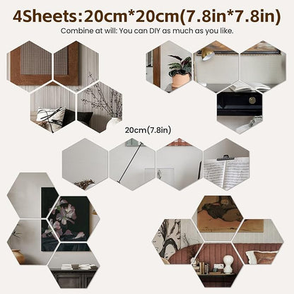 Hexagon Mirror Stickers for Walls 4 Packs 7.8''x7.8'' Self Adhesive Flexible Acrylic Wall Tile Decorative Peel and Stick Mirror Tiles Sheets Small 2mm Unbreakable Thick Stick on Mirrors for Door