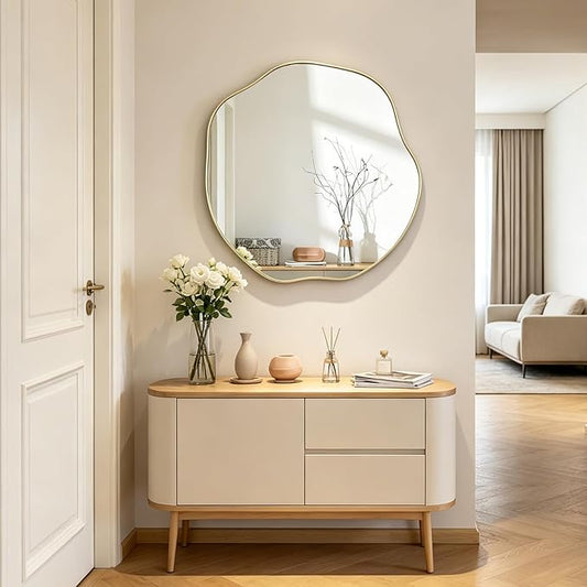 POZINO Gold Irregular Mirror, 20" Asymmetrical Wall Mirror, Scalloped Rounded Mirrors, Modern Frameless Abstract Mirrors for Living Room Bedroom Bathroom Entryway Hallway Fireplace