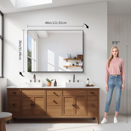 YIROMAN Bathroom Mirror for Wall 48"x36", Large Matte Black Bathroom Mirror with Metal Frame, Rectangular Vanity Mirror with Right Angles, Wall Mirror Hangs Horizontal or Vertical, Shatterproof