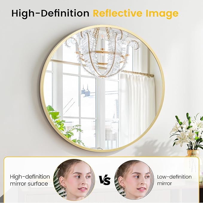 GarveeHome Large Round Mirror for Wall, 36 in Large Aluminum Alloy Circle Frame, High Definition Eco-Friendly Gold Round Bathroom Mirror for Over Sink, Wall Mirror for Entryway, Bathroom