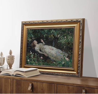 WZGZXU Vintage Gold Framed Wall Art Ophelia Canvas Painting Woman Portrait Picture Victorian Gothic Dark Academia Artwork Moody Prints For Living Room Bedroom Bathroom 12x16in