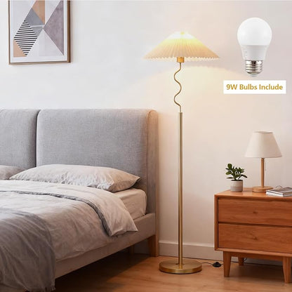 Modern Floor Lamp with 3 Color Temperatures, Foot Switch Standing Lamps for Living Room,Tall LED Standing Lamps for Living Room, Bedroom, Office, Beige Pleated Shade, 9W Bulb Included, Gold