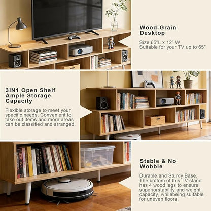 Lightdot 65 Inch TV Stand, up to 75 Inch TVs, Large Storage for Collection with 8 Open Shelves, Sturdy Media Console Table for Living Room/Entrance/Kitchen/Sofa Cabinet, Easy Assembly, Walnut