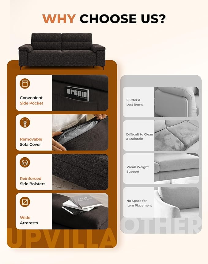 Upvilla 88.97" Modern Sofa Couch for Living Room, Deep Seat Sofa with 8”Cushion, Comfy 2-Seater Chenille Loveseat Sofa with Convertible Armrest, Removable Sofa Cover, High Leg (Dark Gray)