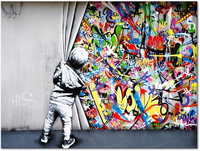 Banksy Graffiti Wall Art Behind The Curtain Classic Street Art Printing Colorful Canvas Paintings Posters and Pictures Prints Framed Modern Home Decor Artwork for Living Room(24''W x 18''H)