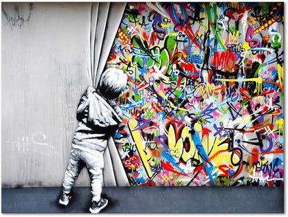 Yatsen Bridge Classic Street Art Banksy Graffiti Wall Art Behind The Curtain Posters Canvas Paintings Colorful Graffiti Pictures Prints Framed for Living Room Home Decor(36''W x 24''H)
