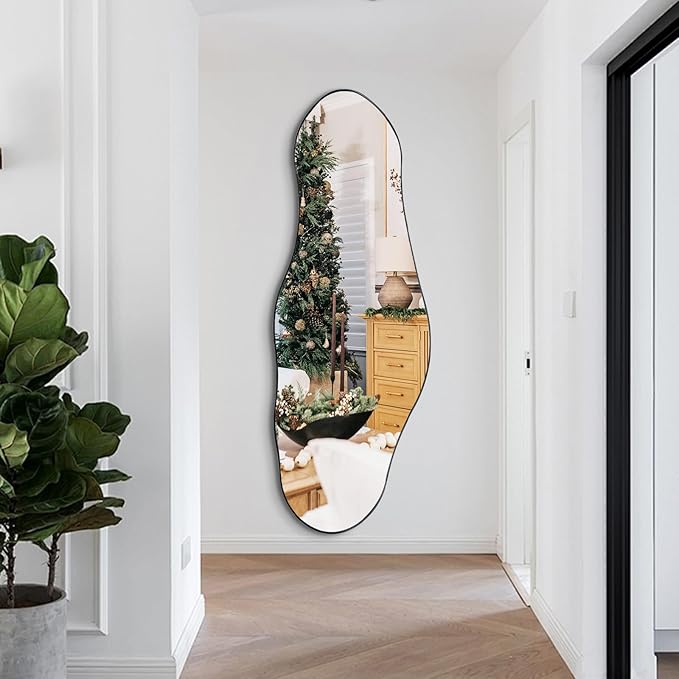 Irregular Mirror Full Length, 63"x22.5" Large Asymmetrical Mirror with Black Metal Frame, Abstract Wall Mirrors for Living Room Bedroom Hallway Entryway, Hangs Vertically or Horizontally