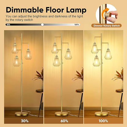 QiMH Industrial Floor Lamps for Living Room, Tree Standing Lamp with Stepless Dimmable, 68" Modern Tall Lamps for Bedroom Study Home Office, Rotary Switch, 3 LED Bulb Included, Gold