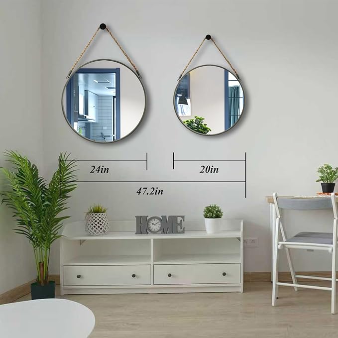 POZINO Round Mirror, 24 Inch Circle Wall Mirrors, Hanging Mirror with Rope, Farmhouse Mirrors for Bathroom Bedroom Living Room Entryway Home Decor, Grey