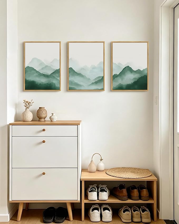 PHOPAGO Green Watercolor Fog Mountains Framed Wall Art Vintage Nature Landscape Artwork Paints Boho Rustic Scenic Room Decor for Dining Room Hallway - 12x16in Natural Framed