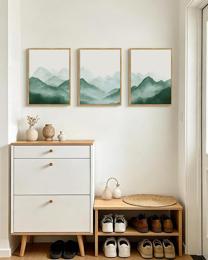 PHOPAGO Green Watercolor Fog Mountains Framed Wall Art Vintage Nature Landscape Artwork Paints Boho Rustic Scenic Room Decor for Dining Room Hallway - 12x16in Natural Framed