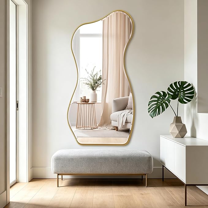 POZINO Irregular Beveled Mirror, 63"x32" Large Asymmetrical Aesthetic Wall Mirror with Metal Frame, Premium Organic Floor Mirrors for Living Room Bedroom Hallway Entryway, Leaning/Wall-Mount