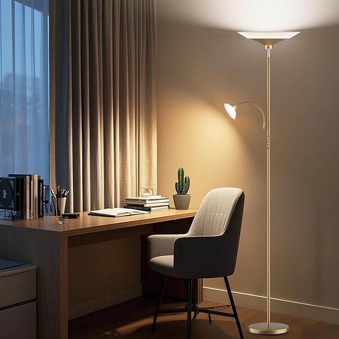 SIBRILLE Gold Torchiere Floor Lamp - 2 Way LED Standing Lamp with Reading Light, Dimmable 72'' Tall Lamp with Remote Color Changing, 34W Mordern Uplighter for Living Room Bedroom Office