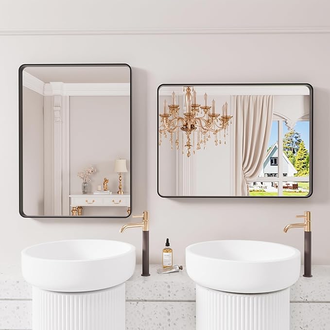 JISOSO Black Bathroom Mirror 21X30 Inch, Black Metal Framed Mirror for Wall, Rounded Rectangle Matte Bathroom Vanity Mirror with Tempered Glass, Anti-Rust, Horizontal/Vertical