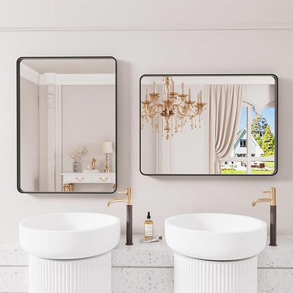 JISOSO Black Bathroom Mirror 21X30 Inch, Black Metal Framed Mirror for Wall, Rounded Rectangle Matte Bathroom Vanity Mirror with Tempered Glass, Anti-Rust, Horizontal/Vertical