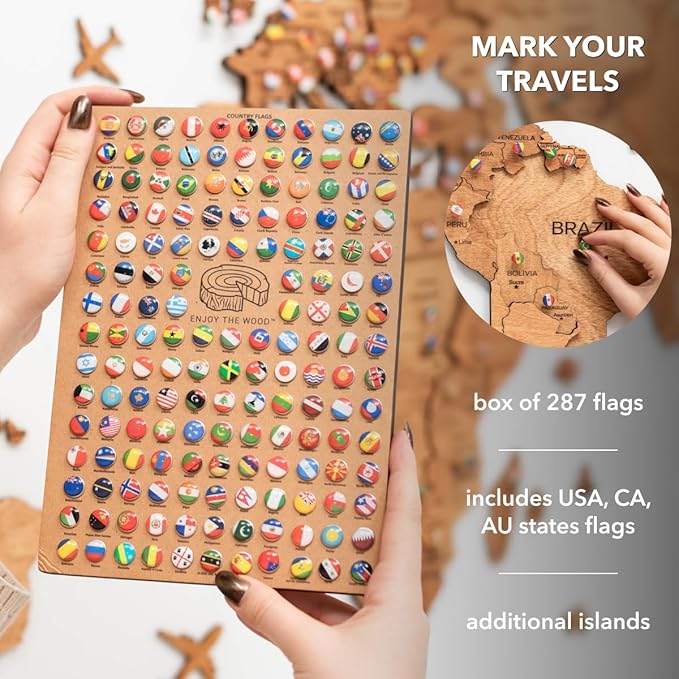 Enjoy The Wood 3D Wooden World Map Wall Art - Large Travel Map with Pins for Art Decor - Decorative Map of the World for Home, Office - Travel Wall Art Housewarming Gift Idea (Oak, M, Unframed)