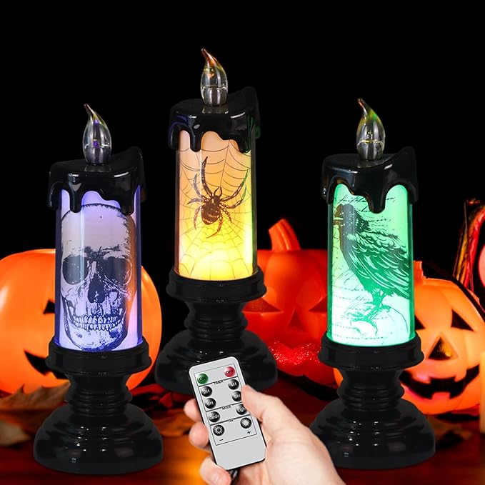 Halloween Flameless Flickering Candle Lights with Remote Timer, Battery Operated LED Candle Lamp Spooky Skull Crow Spider Decals and Lights Indoor Decor(3 Pack, 2.8" D x 7.8" H)