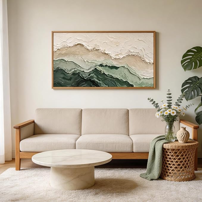 Aurlan Abstract Green Beige Gray Pastel Framed Wall Art(40"x20"), 3D Textured Modern Neutral landscape Canvas Artwork, Large Minimalist Watercolor Ocean Waves Painting Decor for Home Office Living Room Bedroom