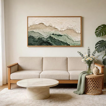 Aurlan Abstract Green Beige Gray Pastel Framed Wall Art(40"x20"), 3D Textured Modern Neutral landscape Canvas Artwork, Large Minimalist Watercolor Ocean Waves Painting Decor for Home Office Living Room Bedroom