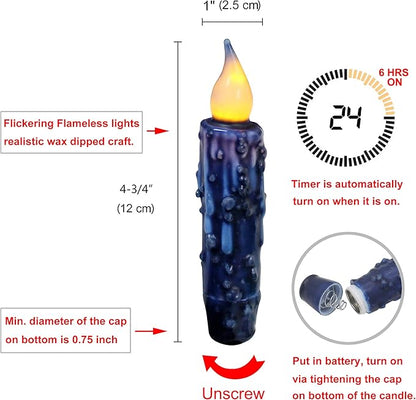 CVHOMEDECO. Real Wax Hand Dipped Battery Operated LED Timer Taper Candles Rustic Primitive Flameless Lights Decor, 4-3/4 Inch, Navy Blue, 3 PCS in a Package