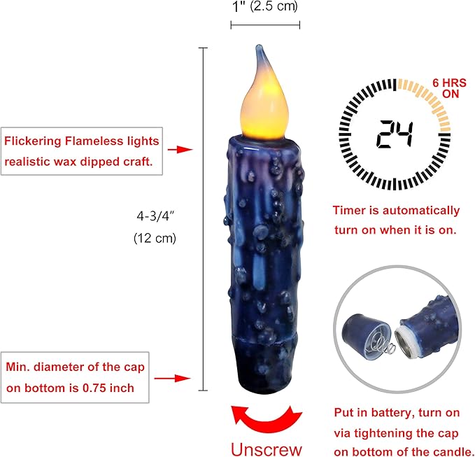 CVHOMEDECO. Real Wax Hand Dipped Battery Operated LED Timer Taper Candles Rustic Primitive Flameless Lights Decor, 4-3/4 Inch, Navy Blue, 2 PCS in a Package