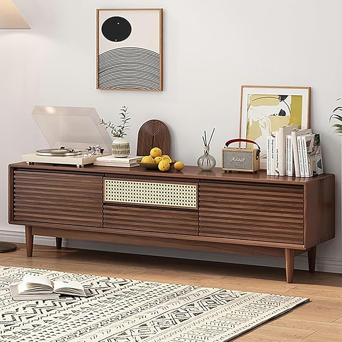 TV Stand TV Stand, Modern Entertainment Center, TV-Console with Cable Hole, Wood TV Cabinet, No Assembly Required, TV Tables with Storage, for Living Room, Bedroom(Black,Wood Leg)