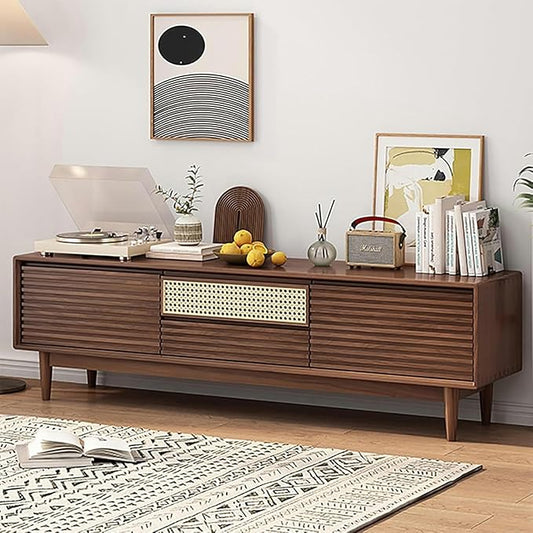 TV Stand TV Stand, Modern Entertainment Center, TV-Console with Cable Hole, Wood TV Cabinet, No Assembly Required, TV Tables with Storage, for Living Room, Bedroom(Black,Wood Leg)