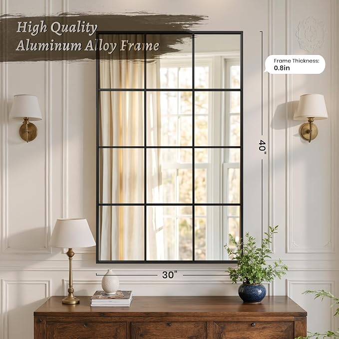 Anpark Windowpane Wall Mirror 30"x40" Black Wall Mounted Art Pane Mirror Farmhouse Decorative Mirror Leaning Hanging Wall Mirror for Bedroom Living Room Entryway Hallway Wall Decor