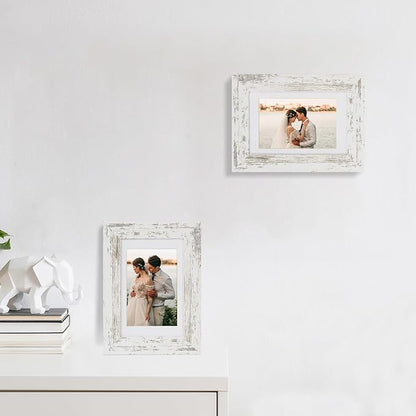 iRahmen 4x6 Picture Frame Set of 2 with HD Glass, Distressed White Wood Photo Frames Display 3.5x5 Picture with Mat or 4 x 6 Without Mat for Horizontal or Vertical Tabletop and Wall Mounting